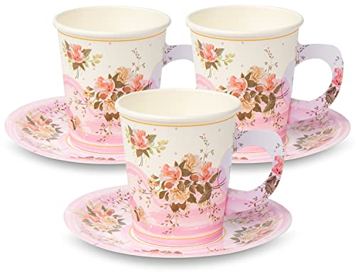 ROYAL BLUEBONNET Paper Tea Cup Set, 24 Disposable Teacups with Handles & Saucers, Floral Design for Hot & Cold Drinks, Tea Party Decorations, Tableware