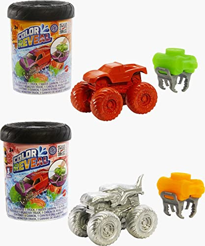 Hot Wheels Monster Trucks Color Reveal 2er-Pack, 2 Spielzeugtrucks mit Überraschungseffekt und Farbwechseleffekt in warmem und kaltem Wasser, für Kinder ab 3 Jahren, HJH53