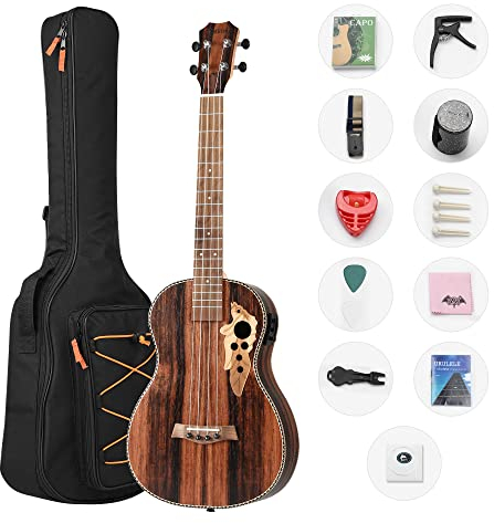 Bariton Ukulele für Linkshänder, Ebenholz 30 Zoll elektrische Ukulele, mit Halsstab, EQ, Gigbag, Gurt, Nylonsaiten