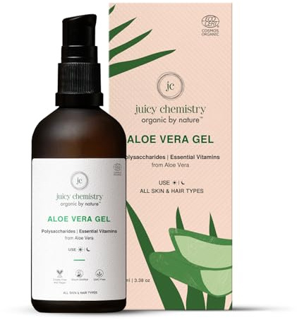 Juicy Chemistry Aloe Vera Gel, 100 ml | Organic, Vegan, Non-sticky, 100% Pure Aloe Vera Gel for Intense Hydration | Unscented, Ecocert Certified Organic for Men & Women | Cruelty-free & 100% Vegan