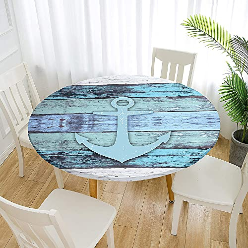 Morbuy Rund Tischdecke Elastisch, Anker Drucken Rund Tischdecken Wasserdicht Lotuseffekt Abwaschbar Abwischbar Tischtuch für Dekoration Küchentisch Garten Outdoor (Durchmesser 120cm,Blaue Planke)