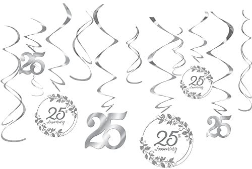 Amscan 672502 Happy 25th Anniversary Swirl Decorations Value Pack | Silver | 12 Pcs, Multicolor