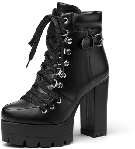Susanny Platform Heel Boots Womens Black Sexy High Heels Harley Steampunk Heeled Combat Boots Shoes Lace UP Short Ankle Booties 9