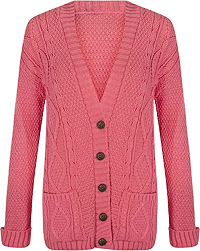 Purple Hanger Women’s New Long Sleeves Ladies Chunky Aran Cable Knit Button Grandad Cardigan Sweater Plus Size 8-26 (24-26, Coral)