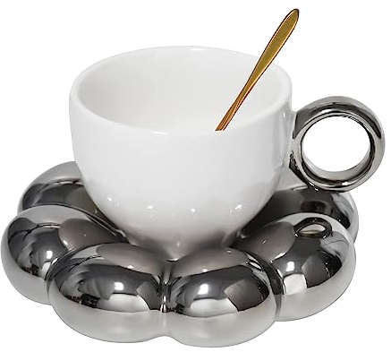 Jiotouhu Taza de café de cerámica, juego de taza de café y platillo, bonita taza con cuchara de flores y posavasos de girasol, taza de té con plato, tazas de café con leche, 200 ml para oficina y