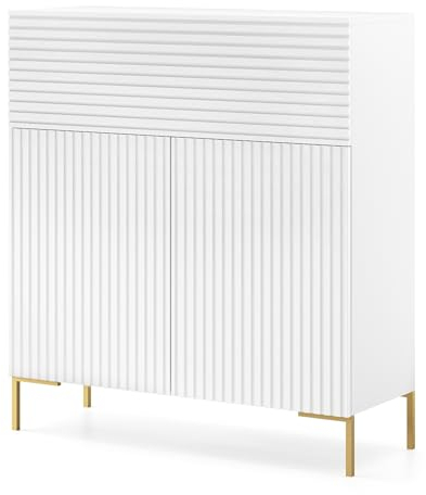 Selsey Kommode Schrank Aufbewahrungsschrank 92 cm 3 Türen 5 Fächer Weiß Goldene Beine Lammelo