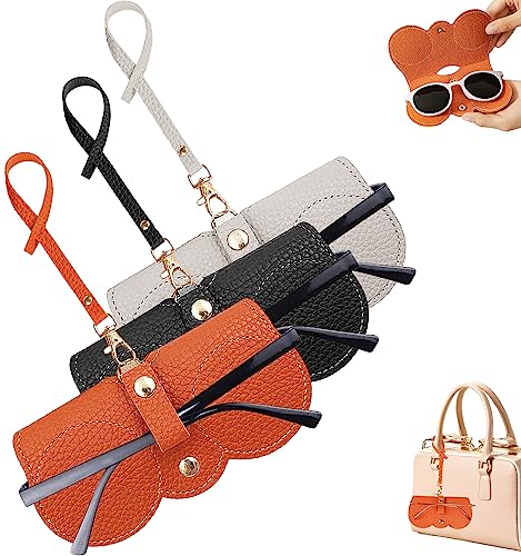 Winuoyang Sunglasses Case,3Pcs Soft Leather Sunglasses Bag Portable Glasses Case Sunglasses Pouch Eyeglass Bags with Lanyard Sunglasses Storage Holder for Women Men (Black+Beige+Orange)