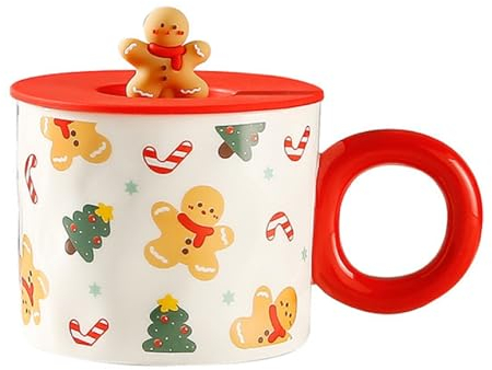 FYBlossom Weihnachten Becher Porzellan Kaffeetasse Kinder, 450ML Keramik Weihnachtsmann Tasse Süße Teetasse Kaffeebecher Mit Deckel, Weihnachten Deko Becher Für Espresso, Tee, Eistee