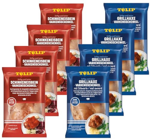 TULIP 4x 600 g Grill-Haxe + 4x 600 g Eisbein | Tafelfertig Gegart Vakuumverpackt | einfach im Backofen zubereitet in ca. 30-40 Minuten | Schinkeneisbein und Schweinshaxe ohne Kühlung