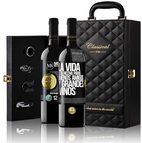 «La vida está hecha para buenos amigos y grandes vinos» Mensaje en una Botella. Estuche-Maletín de LUJO 2x Vino Tinto Premium Reserva 12 Meses y Set de 4 Accesorios. Etiqueta Negra PERSONALIZABLE