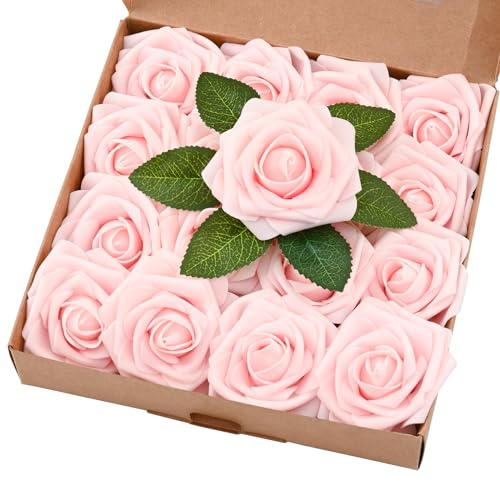 BLEUM CADE 16Pcs Artificial Flowers Fake Roses with Stems, Pink Boxed Foam Roses for DIY Bouquets Centerpieces Wedding Party Arrangement Bridal Shower Decor