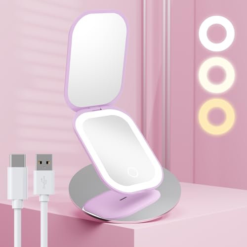 Benbilry Lighted Compact Travel Mirror with 3 Color Lights and Magnification 1X/3X, Ultra Slim Rechargeable Pocket Mirror for Purse, 2-Sided, Handheld, Folding, Portable, Purple
