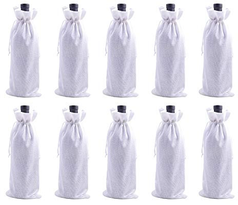 KONMAY 10 Stück Weiß Weintasche mit Kordelzug, 15x35cm Jute Weinbeutel, Wiederverwendbare Sackleinen Wein-Geschenkbeutel, Weinflaschenbeutel, Weinbeutel für Hochzeit, Party, Blindverkostung