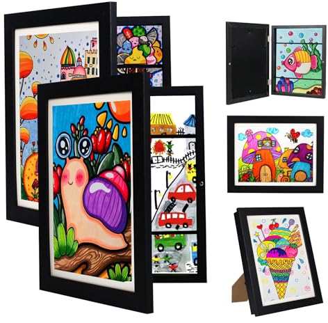 Kinder-Kunstrahmen – Kunstrahmen für Kinder, austauschbar, schwarze Kinder-Kunstrahmen, Frontöffnung, für 150 x 32 cm große Kunstwerke für Kinder, Kunst-Bilderrahmen mit Stauraum für Präsentationen, 3