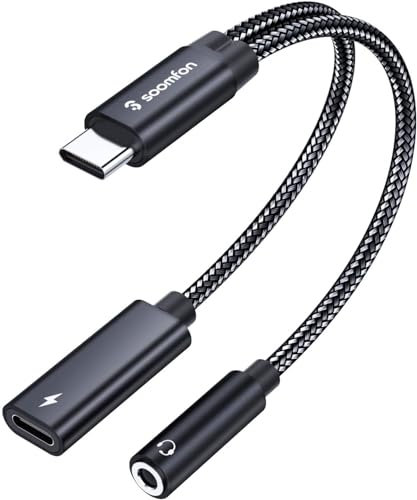 SOOMFON USB C to 3.5mm Jack Headphones and Charger Adapter 2 in 1 USB Type C to Aux Adapter with PD 60W Fast Charging Cable for iPhone 15 iPad Pro 2020, Galaxy S20+, Pixel 4 XL and More(Black)