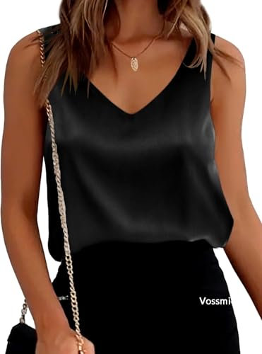 Vossmi Camiseta Sin Mangas Mujer Top Color Sólido Cuello en V Tank Tops Camisole Blusa Shirt Casual Elegante Chaleco de Satén para Mujer(Negro,XL)