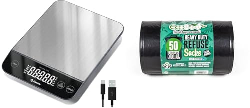 Etekcity 10kg Digital Kitchen Scales,Waterproof, USB Rechargeable Food Scales with LED Display & Eco Bag 50 Heavy Duty Refuse Sacks, Black, 1x