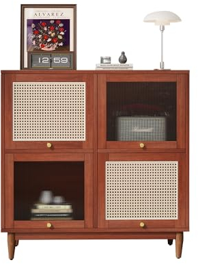 SHOSYEL Nussbaum-Farbiger Aufbewahrungsschrank, Esszimmerschrank mit Rattan und transparenten Acryltüren, Kleiner Quadratischer Schrank, Sideboard Wohnzimmer,Holzkommode,Rattan MöBel