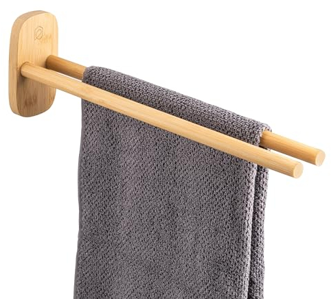 eluno Handtuchhalter 2-armig aus Bambus im natürlichen Design, Handtuchstange ideal einsetzbar für Küche und Bad, passend für Handtücher, Gästetücher und Küchentücher, zum Kleben oder zum Bohren