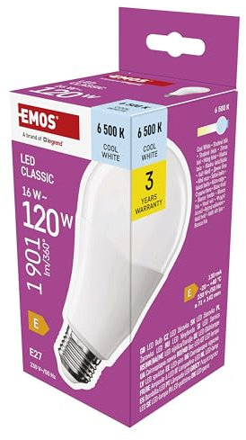 EMOS LED Lampe A70-Birne, 16W Ersatz für 120W Glühbirne, klassiche Birne in größerer Form, E27 Sockel, Helligkeit 1901 lm, Kaltweiß 6500 K, 30000 h Lebensdauer, CRI min. 80, 180° Abstrahlwinkel