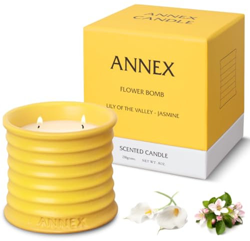Luxuriöse Duftkerzen in handgefertigten Keramikgläsern, Sojawachs, Korbfüller für Erwachsene, Blumenbombe, Maiglöckchen & Jasmin, große Kerze, ungiftig, 2 Dochte, wiederverwendbares Glas, natürliche