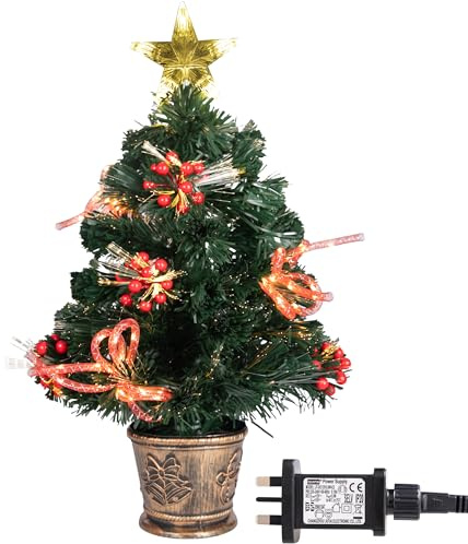 2Ft/60cm Fibre Optic Christmas Tree with Star Topper - Ribbon Bows Decorations - Green Pre-Lit Artificial Xmas Tree Featuring Red Berries, 8 Changing Light Modes