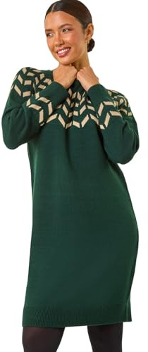 Roman Thick Jumper Dress for Women UK Ladies Fairisle Aztec Knitted Knit Sweater Knitwear Autumn Winter Holiday Round Neck Long Sleeve Soft Knee Length Sweat Warm