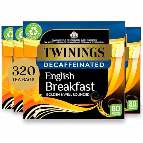 Twinings English Breakfast Decaf Tea | Golden, Well Rounded & Full Bodied Decaffeinated Black Tea | Multipack Bulk Buy, 320 (4 x 80) Biodegradable Tea Bags