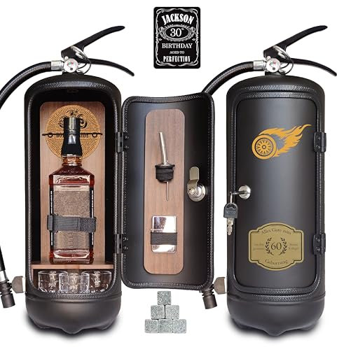 Extincteur Minibar Motard avec Ensemble de 7 pièces Comprenant 3 Verres à Shot, des Pierres à Whisky, Un verseur à Liqueur, Un Briquet et Un Dessous de Verre