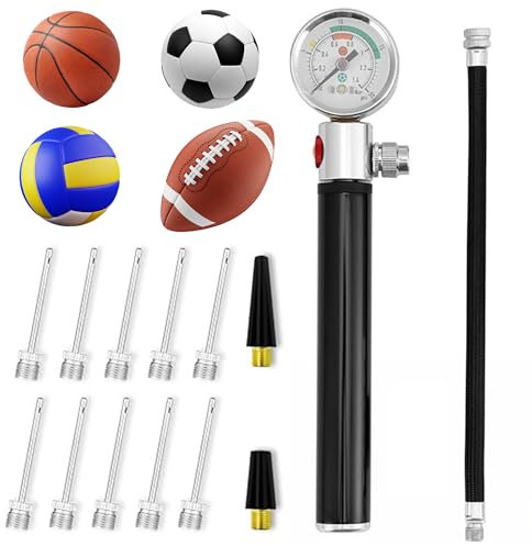 Bomba para Balones con Manómetro: Kit de Bomba de Aire Portátil con 5 Aguja 2 Boquillas y 1 Manguera para Fútbol Baloncesto Voleibol y Otras Pelotas Hinchables