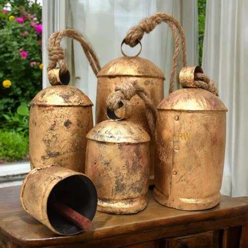 5er Set Große Glocken XXL - Bauernhausglocken Vintage Stil Harmonie Shabby Chic Rustikale Kuhglocken für Weihnachtsdekoration - Goldglocken am Seil - Dekorative Glocken Hängende Ornamente