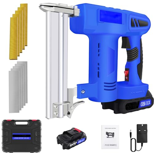 21V Battery Staple Nail Gun, Cordless Nail Gun with Battery and Charger, 2-in-1 Contact Actuated Mode Electric Staple Gun, Brad Nailer Kit with 500x 19MM Straight Nail & 500x 10MM Code Nail, Blue