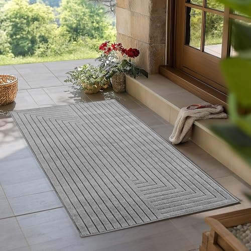 Teppium Teppich Wohnzimmer, Schlafzimmer, Wintergarten, Kurzflor Grau, Hoch-Tief-Effekt, weich & waschbar, Outdoor geeignet, pflegeleicht, 80x150 cm