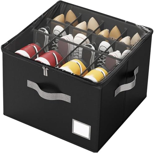 SYEXDZON Shoe Organiser, Shoe Box Storage for Closet, Shoes Storage Organiser with Zipable Clear Cover and Reinforced Handles, Foldable Shoe Container for Boots Heels Sneakers (Black)