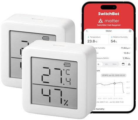 SwitchBot Termometro igrometro interno, igrometro digitale Bluetooth termoigrometro con app, punto di rugiada/VPD/sensore di umidità assoluto, Bluetooth igrometro 2