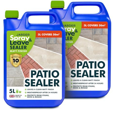 Jarder Spray & Leave Patio Sealer 2 x 5L - Seal and Protect Your Patio, Driveway and Paths for up to 10 Years - Use on Indian Sandstone, Concrete, Slabs, Stone & More - Covers 100m2