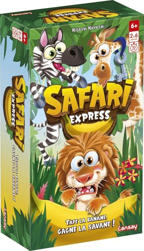 Lansay | Safari Express | Family Friendly Game with 100 Cards and Pouet-Pouet Banana | Reflexes, Observation, Memory and Laughs | From 2 Players | Ages 6+ | Fast and Interactive Game