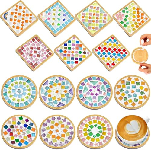 TESIN 14 Set Mosaic Coaster Kit for Adults, DIY Glass Mosaic Craft Kit | Mixed Colour Tiles and Wooden Coasters, Coaster Making Set for Handmade Home Décor and Gifts