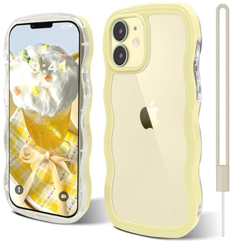 Andwing für iPhone 11 hülle 6,1 Zoll Gelb | niedlicher Wellenrahmen,lockige Form,stoßfeste harte PC-Telefonabdeckung für Frauen und Mädchen