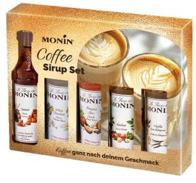 MONIN Kaffee Sirup Geschenkset 5 x 5 cl | Geschenkset mit Vanille, Karamell, Haselnuss, Pumpkin Spice & Weißer Schokolade für Kaffee und Latte