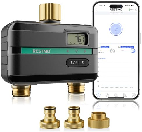 RESTMO Bewässerungscomputer 2 Ausgänge, Bluetooth Bewässerungstimer | App-Steuerung, 3 Modi (auto/manuell/Regenpause), Regenverzögerung, bis 11:59 Std. pro Zone, kein Umstecken