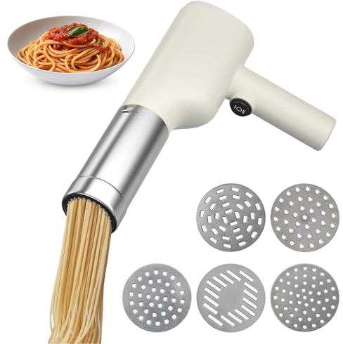 Hand Nudelmaschine Elektrische, Pasta Maker Kabellose mit 5 Nudelformen & Messbecher, Handliche & Wiederaufladbare Pasta Maschine für Frische Pasta für Familie, Reisen, Picknick （Weiß）