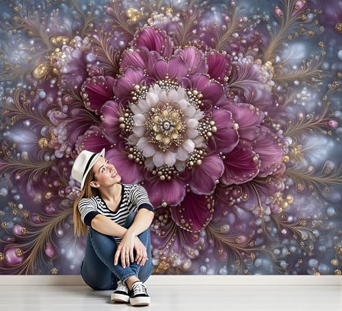 ZISTRCBAO Papier Peint Soie Panoramique Mandala Métallique, Fleurs Bohèmes 3D Papier Peint Décoration Murale Poster 250x175cm Poster Salon Chambre Mur de fond Chambre Bureau