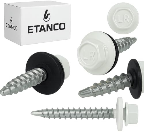 ETANCO GT02 Trapezblechschrauben 4,8 x 35 mm, RAL 9002 Grauweiß, 250 Stück, selbstbohrend mit EPDM-Dichtung, verzinkter Stahl, Sechskant, für Metallblech auf Holz