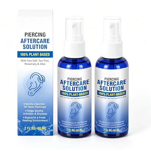 Ninnyi 2 Pcs Piercing Cleaning Solution, 120ml Gentle Saline Piercing Spray for Nose Belly Button Ear