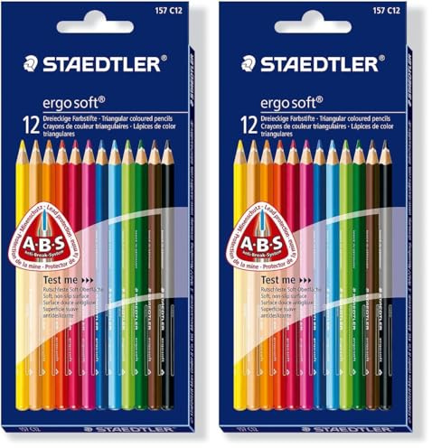 STAEDTLER Buntstifte ergo soft, erhöhte Bruchfestigkeit, dreikant, Set mit 12 brillanten Farben, ABS-System, rutschfeste Soft-Oberfläche, kindgerecht nach DIN EN71, FSC-Holz, Made in Germany, 157 C12
