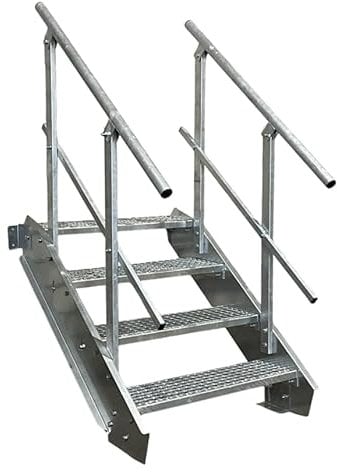 4 Stufen Stahltreppe mit beidseitigem Geländer/Breite 120 cm Geschosshöhe 55-85cm / Robuste Außentreppe/Wangentreppe/Stabile Industrietreppe für den Außenbereich/Inklusive Zubehör