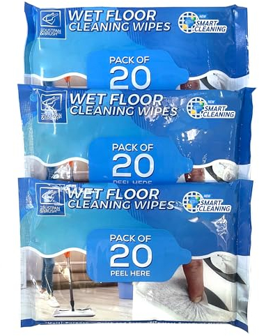 TDBS Wet Floor Cleaning Wipes 3 Pack Bundle (Total 60 Cloth Wipes) Fit Most Flat Swivel Floor Mops 21cm x 29cm - Ideal on Laminate Tile Hard Wood Gloss Flooring etc. By The Dustpan and Brush Store ®
