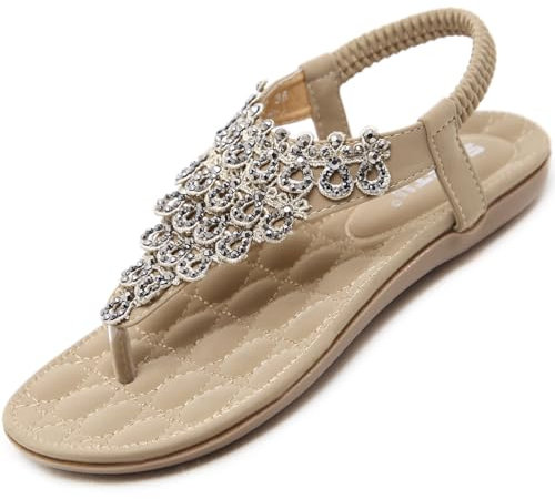 Acfoda Sandales Femme Été Chic Plates Confortable Bohême Chaussure Léger Mules Tongs Orthopédiques Sandalette Cuir nus pieds avec Strass Beige 43