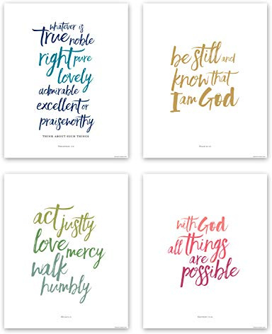 Scriptionery Pinsel-Kalligraphie-Bibelvers Wandkunst-Set, inspirierende, christliche Poster für Zuhause, Büro, Schlafzimmer, ungerahmt, 20,3 x 25,4 cm, christliche Wandkunst, Farbe